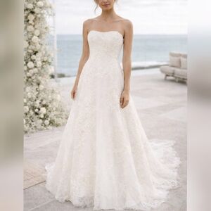 Oleg Cassini David's Style CWG408 Ivory Lace Strapless Wedding Dress sz 8